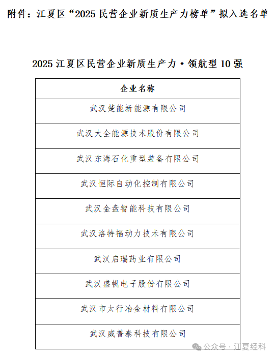 江夏区“2025民营企业新质生产力榜单”拟入选名单公示 江夏区“2025民营企业新质生产力榜单”拟入选名单公示