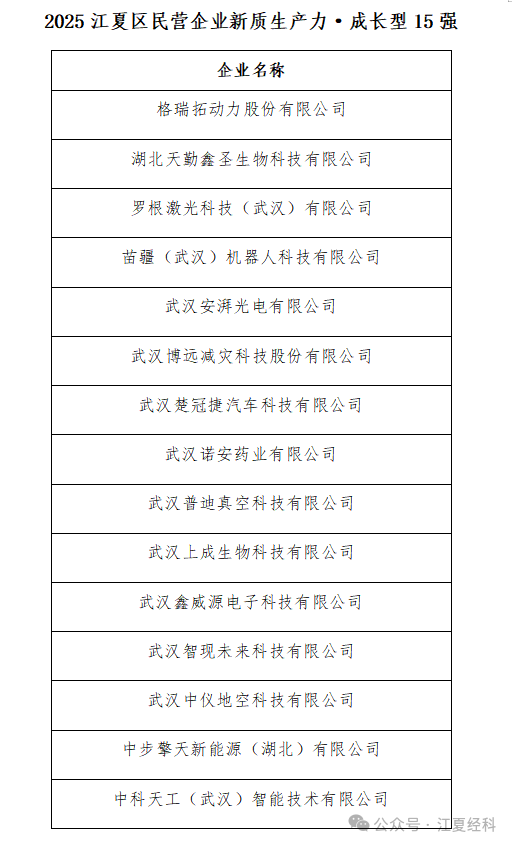 江夏区“2025民营企业新质生产力榜单”拟入选名单公示 江夏区“2025民营企业新质生产力榜单”拟入选名单公示